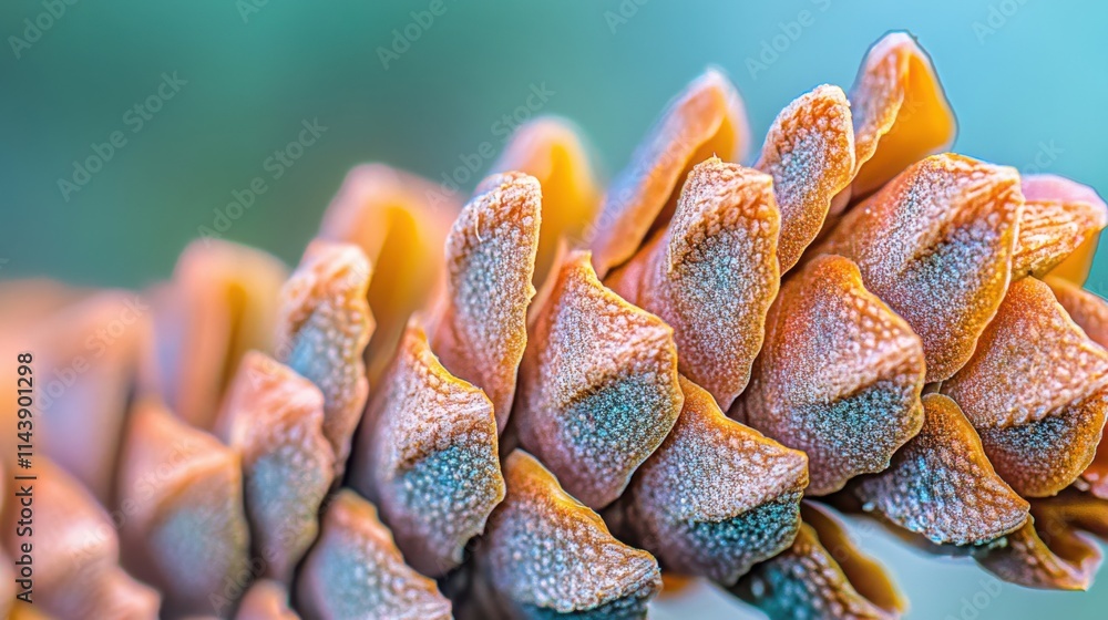 Poster close-up view of pine cone scales highlighting intricate textures and colors in natural detail under