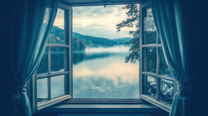 Serene Lakeside View Through Open Window Curtains