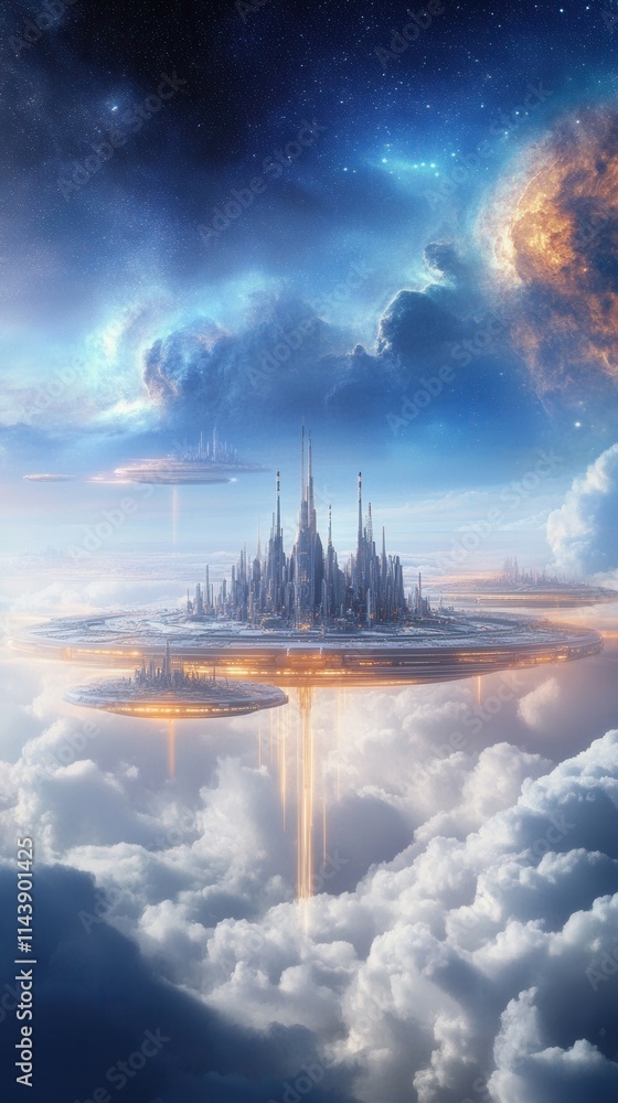 Poster futuristic cityscape in a celestial realm surrounded by clouds and floating islands beneath a starry