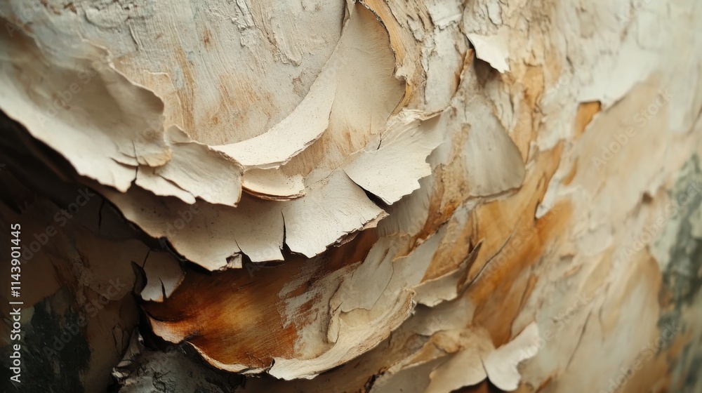 Poster close-up view of peeling birch bark showcasing intricate textures and natural colors found in forest