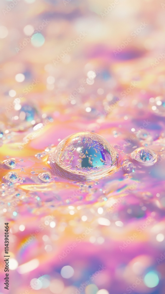 Poster close-up view of a colorful water droplet resting on a vibrant surface reflecting light at a natural