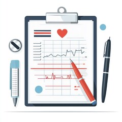 Minimalist Medical Chart with Heart Rate Graph and Writing Instruments, Featuring Clipboard, Pens, and a Button in a Clean Layout for Health and Wellness Themes