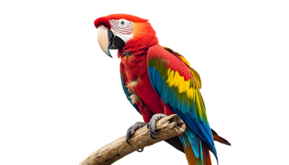 a red macaw parrot with beautiful plumage sitting on a perch isolated on a white background birds ornithology ecology