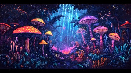 A vibrant psychedelic forest filled with glowing cannabis leaves, neon mushrooms