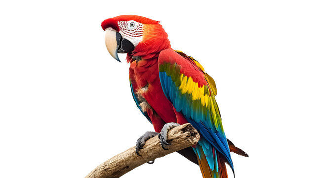 a red macaw parrot with beautiful plumage sitting on a perch isolated on a white background birds ornithology ecology