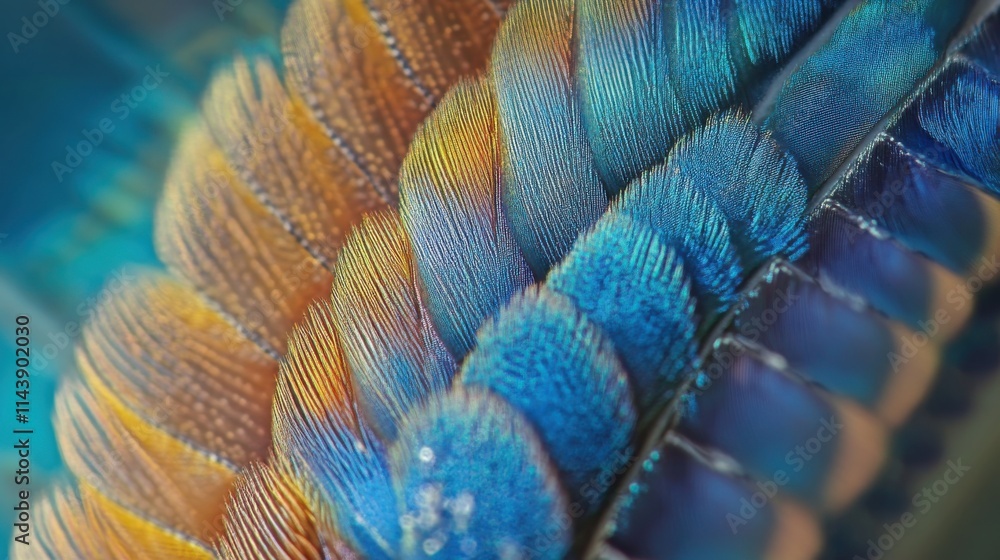 Poster extreme close-up revealing intricate details of a feather with vibrant colors and patterns from a tr