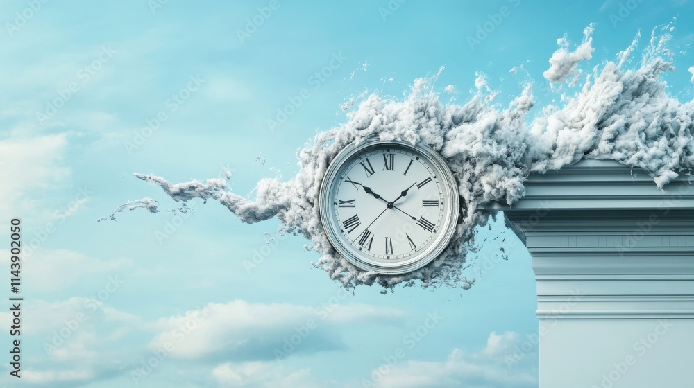 Poster surreal clock with waves of clouds representing the concept of time flowing in a dreamlike atmospher