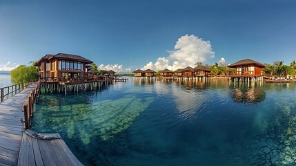 Panoramic view of luxurious overwater bungalows on a tropical island, with crystal-clear turquoise water and wooden walkways.
