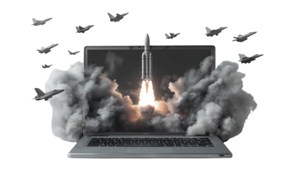 A laptop with a rocket coming out of the screen