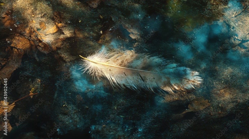 Poster detailed macrophotograph capturing a delicate feather resting on a reflective surface amidst scatter