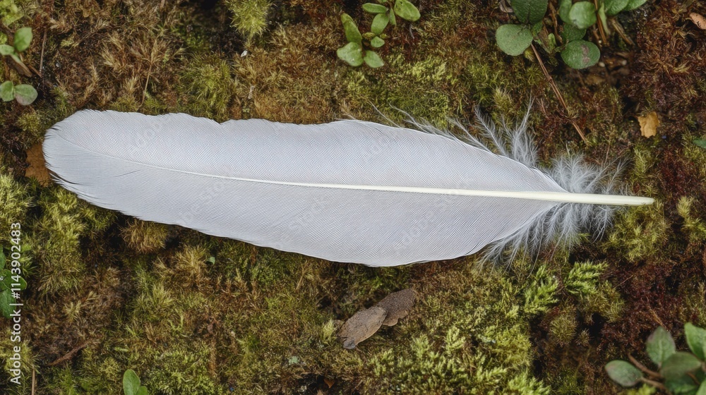 Poster Delicate white feather resting on moss in a serene forest setting under natural light conditions capturing intricate details