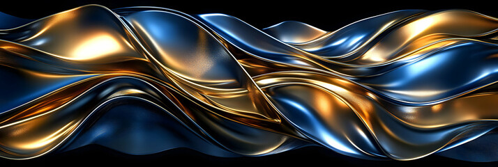 Abstract Gold and Blue Metallic Waves, Elegant, Luxurious, Fluid Background Design