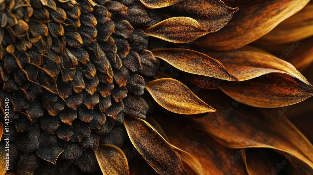 Poster detailed view of mature sunflower seeds with intricate patterns and textures observed in late summer