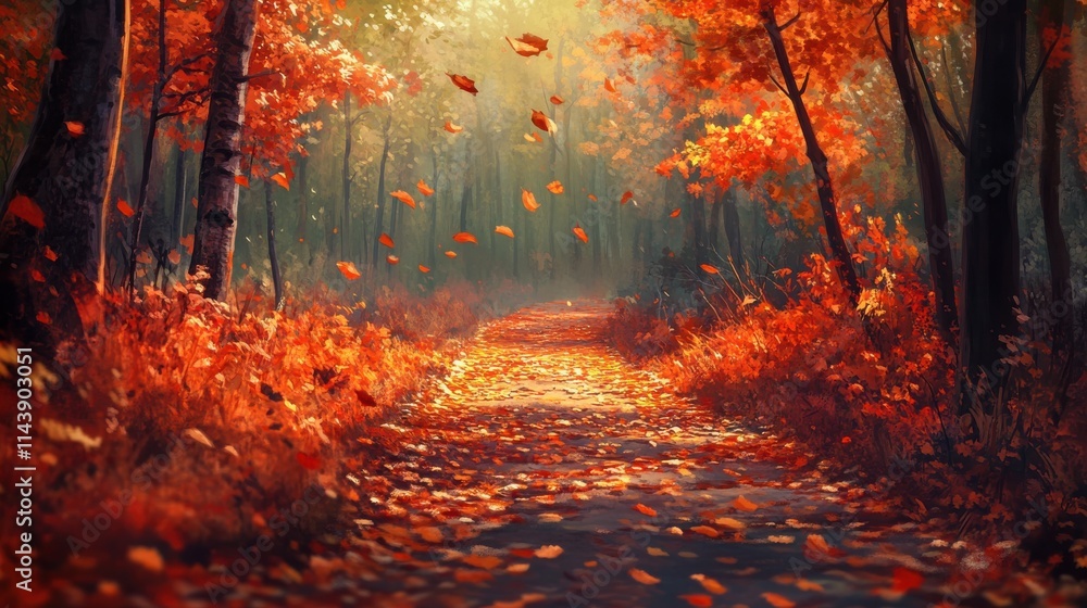 Poster Scattered autumn leaves create a vibrant pathway amidst trees in a serene forest during early fall