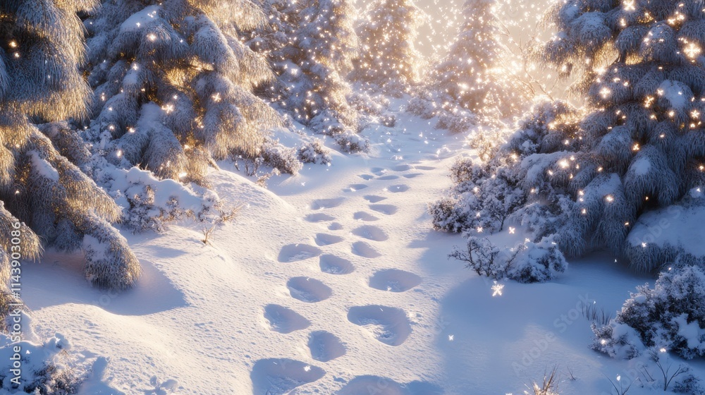 Poster winter trail adorned with snowy footprints in a tranquil forest setting during daylight hours