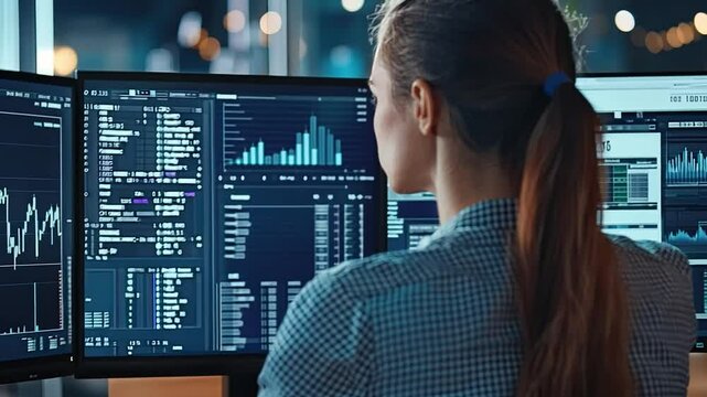 Data Analyst at Work: A woman in a blue shirt focused on a triple monitor setup, analyzing data and charts, showcasing her dedication and expertise in data science.