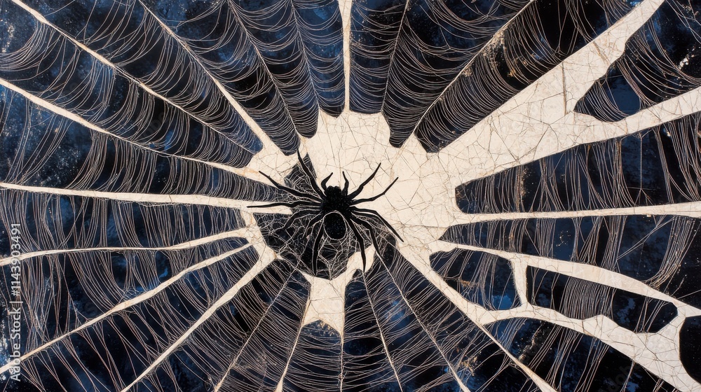 Poster Detailed view of spider silk showcasing intricate patterns woven by a spider in its web during early morning light