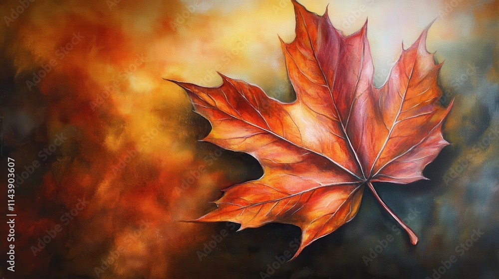 Poster close-up view of a vibrant maple leaf showcasing autumn colors against a blurred background