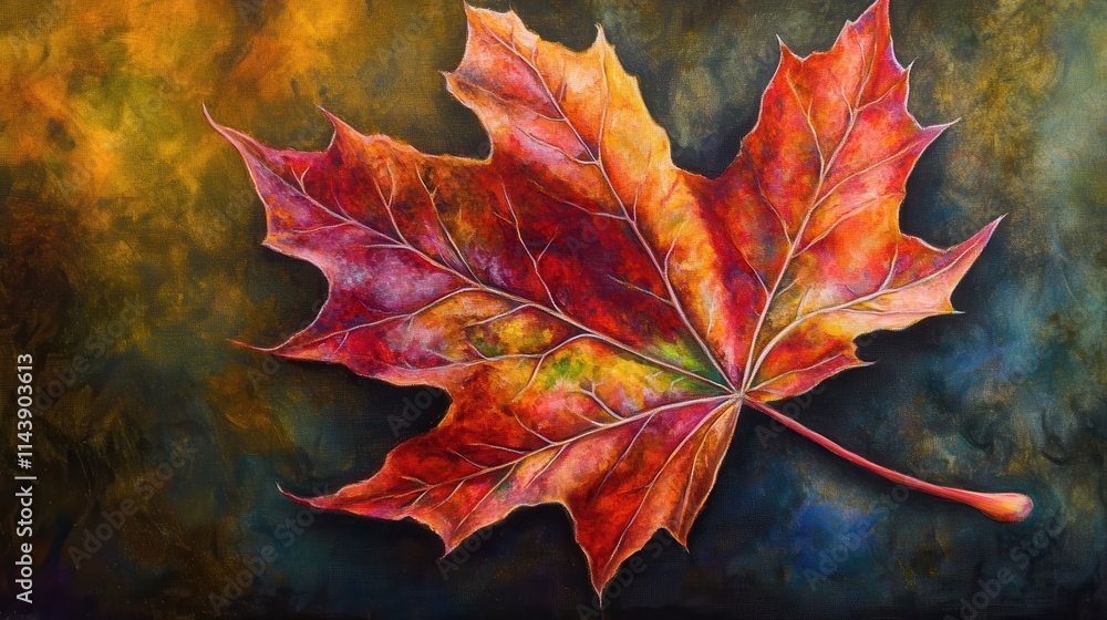Poster close-up view of a vibrant maple leaf showcasing autumn colors with rich textures against a dark, bl