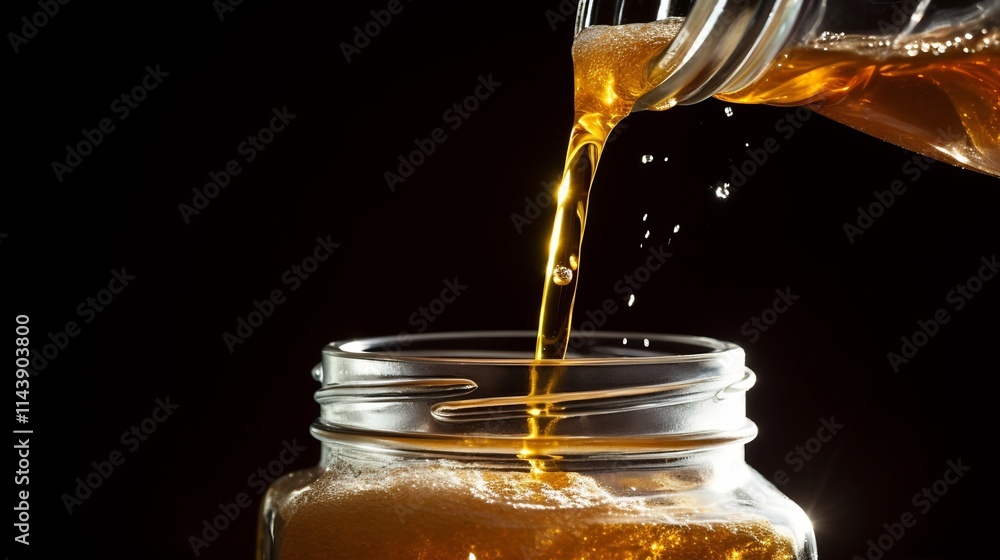 Poster macro close up view of sugar pouring into a clear glass jar with a golden lid showcasing the flowing