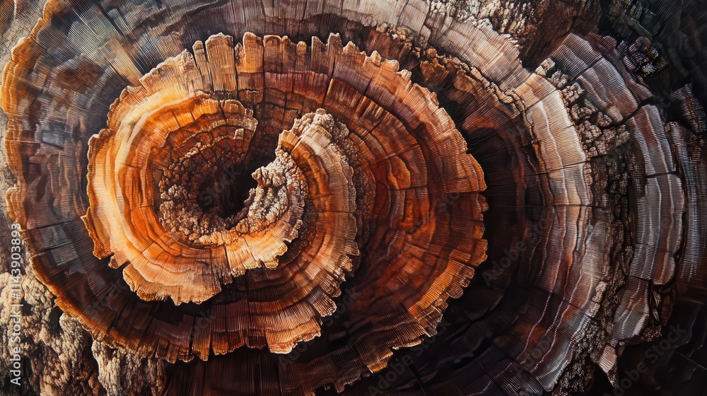 Poster Close-up view of a freshly cut tree stump showcasing intricate details and natural patterns