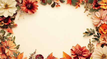 Fototapeta premium vibrant flowers with vivid colors with border shapes, A colorful and beautiful and colorful border of hibiscus flowers in a rainbow of colors with various surrounding flowers in frame or border style.