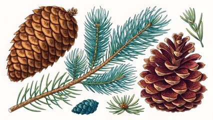 Vintage Botanical Illustration, Pine Cones & Teal Blue Spruce Branch V1