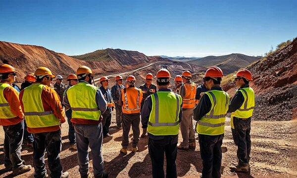 A group of workers in safety gear discussing operations at a mining site.