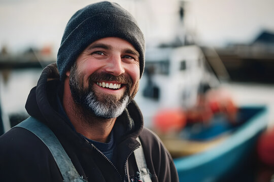 Professional industrial nordic fisherman or sailor on the ship in the fishing harbor. Happy smiling male fisher in scandinavian port. Commercial fishing concept