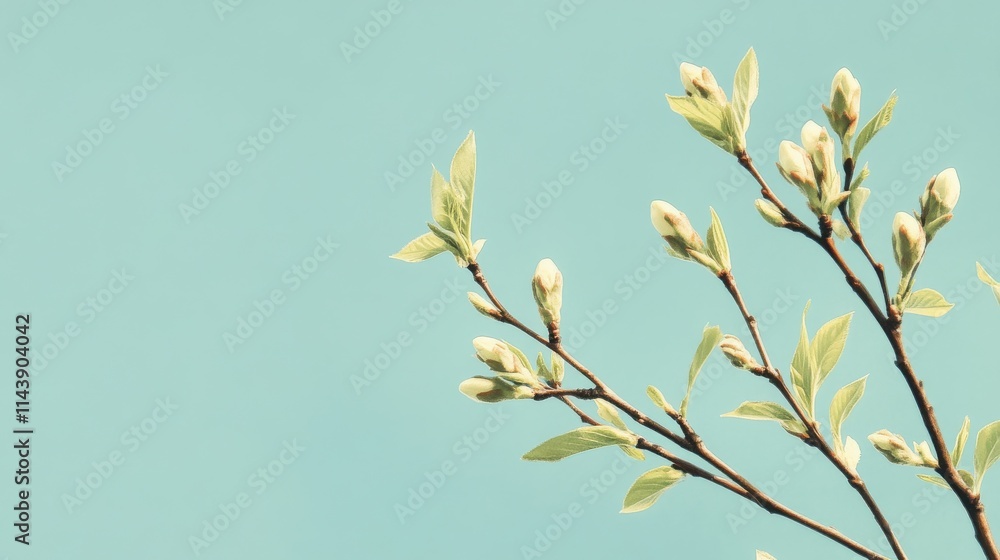 Aufkleber spring buds unfurling on a tree branch against a clear sky during the early morning hours of a warm 