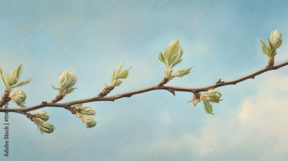 Aufkleber spring buds open gracefully on a slender tree branch against a bright sky