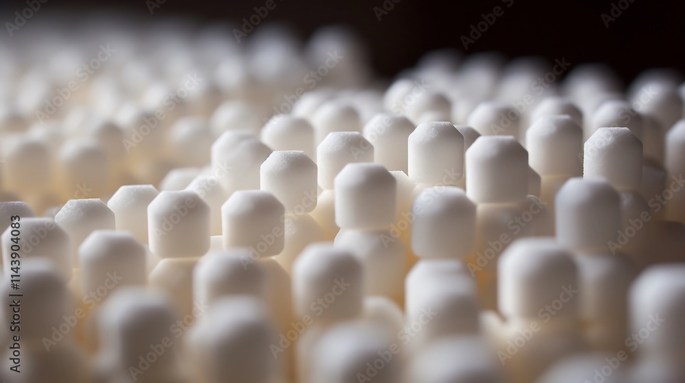 Poster detailed close up view of neatly stacked sugar cubes in a symmetrical pattern showcasing the refined