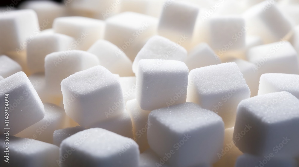 Poster closeup of neatly stacked sugar cubes arranged in a precise minimalist geometric pattern with clean 