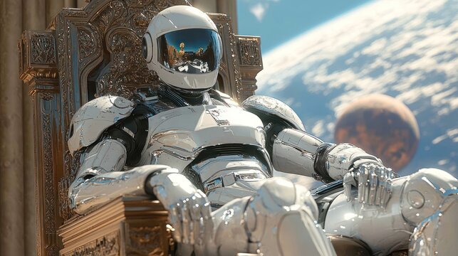 Astronaut robot sits on ornate throne overlooking Earth and Mars.