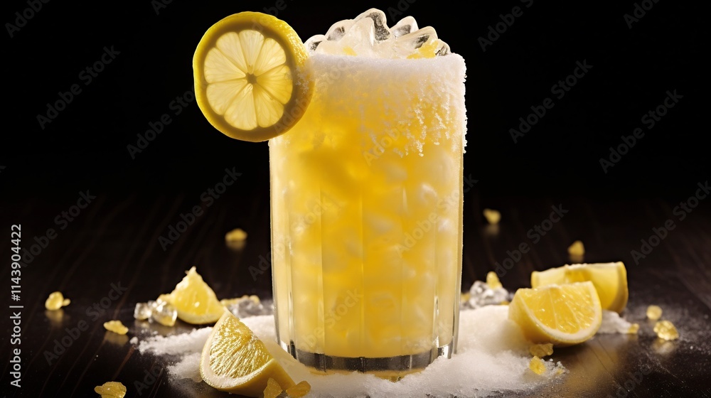 Aufkleber frosted glass filled with a lemon infused carbonated and refreshing beverage rimmed with sparkling s