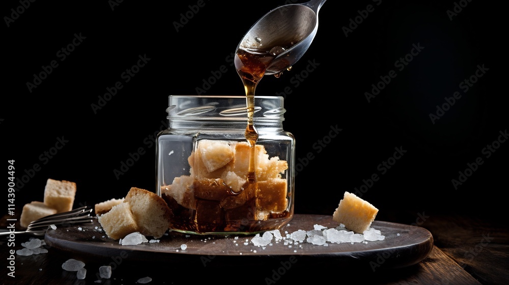 Poster close up view of a teaspoon dipping into a glass jar filled with delicate white sugar grains capturi
