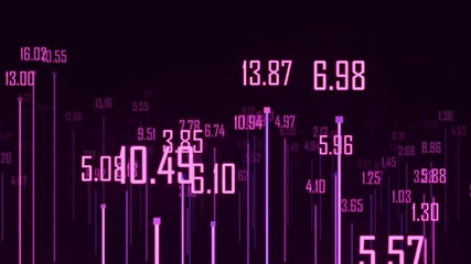 Glowing pink and purple numbers rise on vertical lines like a dynamic financial chart. Abstract data visualization with neon digits floating at different heights against dark background. Looped 3D
