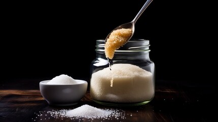 Close up detailed shot of a teaspoon dipping into a glass jar filled with white granulated sugar  The sugar grains are clinging to the surface of the spoon