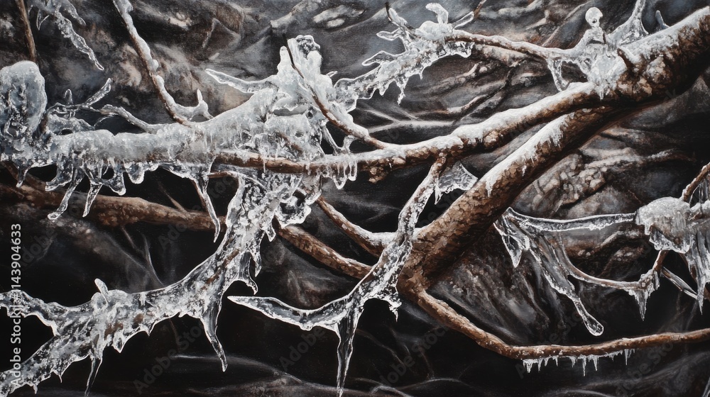 Poster close-up view of winter branches adorned with intricate ice formations in a cold landscape