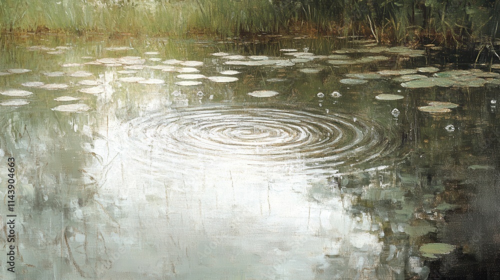 Poster delicate raindrops create ripples in a serene pond surrounded by lush greenery