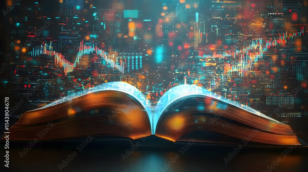 Poster an open book displaying data charts and graphs symbolizing the fusion of scientific research, academ