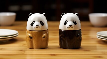 Cute and whimsical animal shaped salt and pepper shakers placed on a minimalist modern dining table setting  The unique tableware design adds a playful touch to the home or restaurant decor