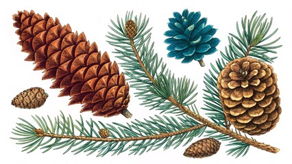 Obraz premium Vintage Botanical Illustration, Pine Cones & Teal Blue Spruce Branch V6