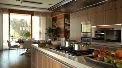 Realistic 3D Rendering of a Modern Kitchen Interior, Featuring Sleek Cabinets, High-End Appliances, and Stylish Design