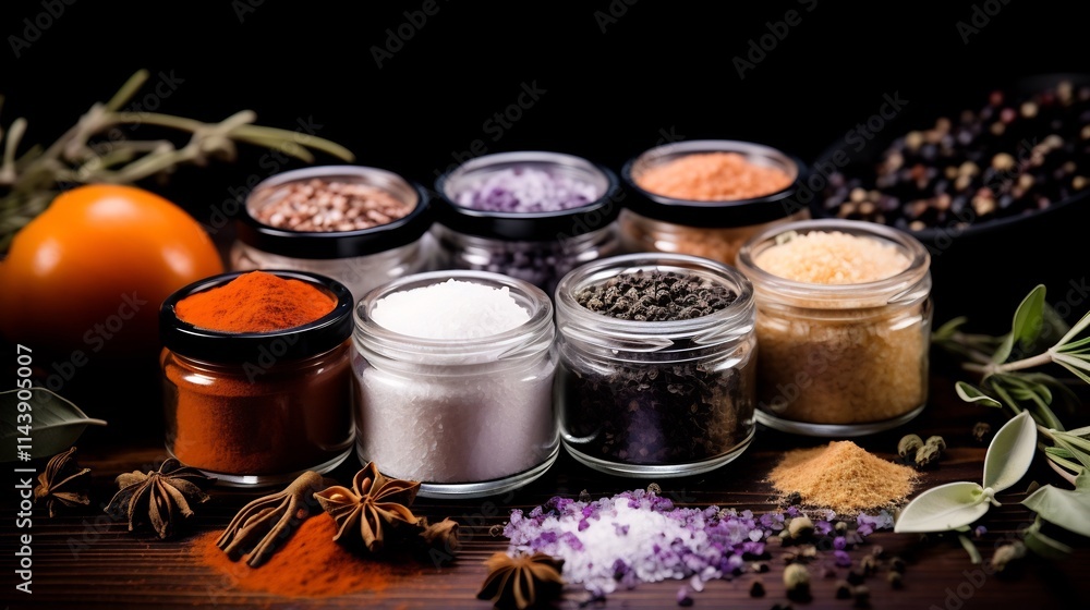 Poster vibrant array of gourmet salts in various colors textures and flavors artfully arranged on a table c