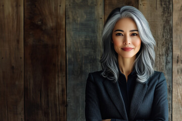 Fototapeta premium Asian woman in a gray suit with silver hair. Seems like a successful business owner or shareholder.