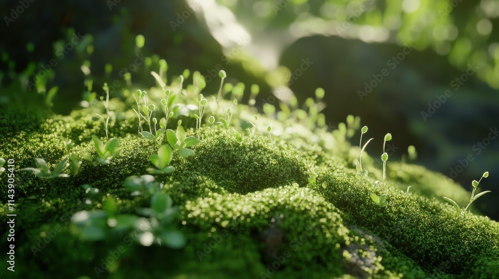 Poster Close-up view of vibrant spring moss with tiny buds thriving in a lush forest setting during early morning light