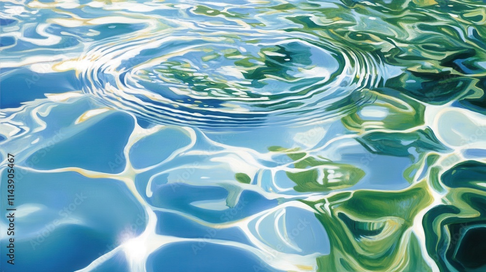 Poster rippling water creates abstract patterns reflecting sunlight and colors in a serene environment