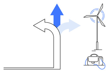 Arrows indicating options, one bold in blue, a wind turbine on the right, and a fastener at the base. Ideal for environmental themes, sustainability, renewable energy, decision-making, green