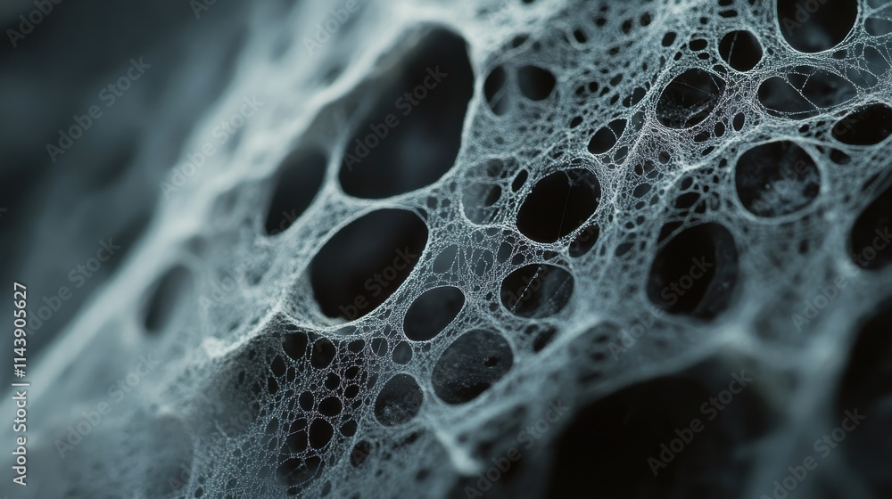Poster Close-up of an intricate spiderweb showcasing delicate patterns and dew droplets illuminated by morning light